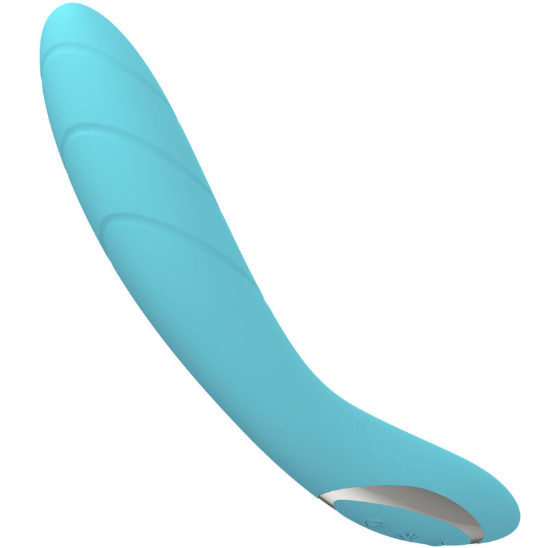 Close-up do Vibrador Flexível Elizabeth da Armony, de cor azul, mostrando o seu design ergonómico e textura suave de silicone.