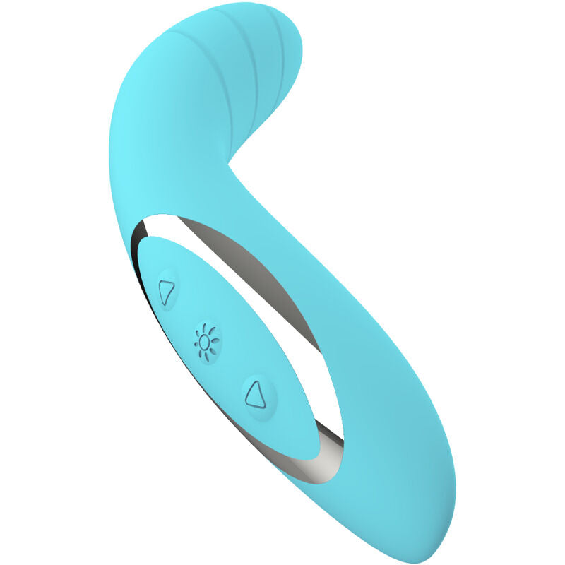 Close-up do Vibrador Flexível Elizabeth da Armony, de cor azul, mostrando o seu design ergonómico e textura suave de silicone.
