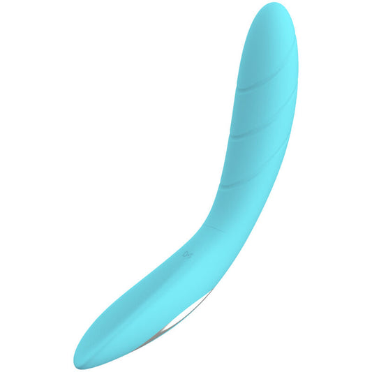 Close-up do Vibrador Flexível Elizabeth da Armony, de cor azul, mostrando o seu design ergonómico e textura suave de silicone.