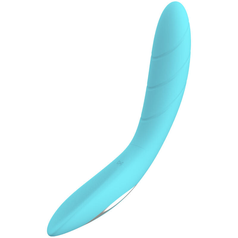 Close-up do Vibrador Flexível Elizabeth da Armony, de cor azul, mostrando o seu design ergonómico e textura suave de silicone.