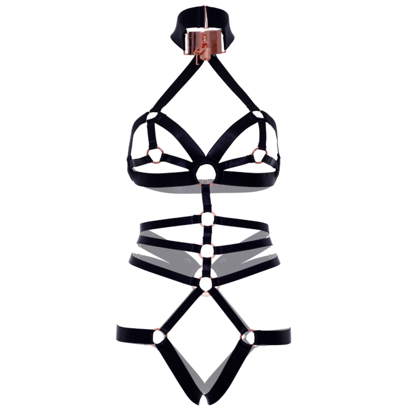 LEG AVENUE Arnês Elástico Sem Crotchless com Cadeado e Chave, exibindo detalhes em ouro rosa e alças ajustáveis.