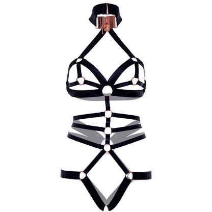LEG AVENUE Arnês Elástico Sem Crotchless com Cadeado e Chave, exibindo detalhes em ouro rosa e alças ajustáveis.
