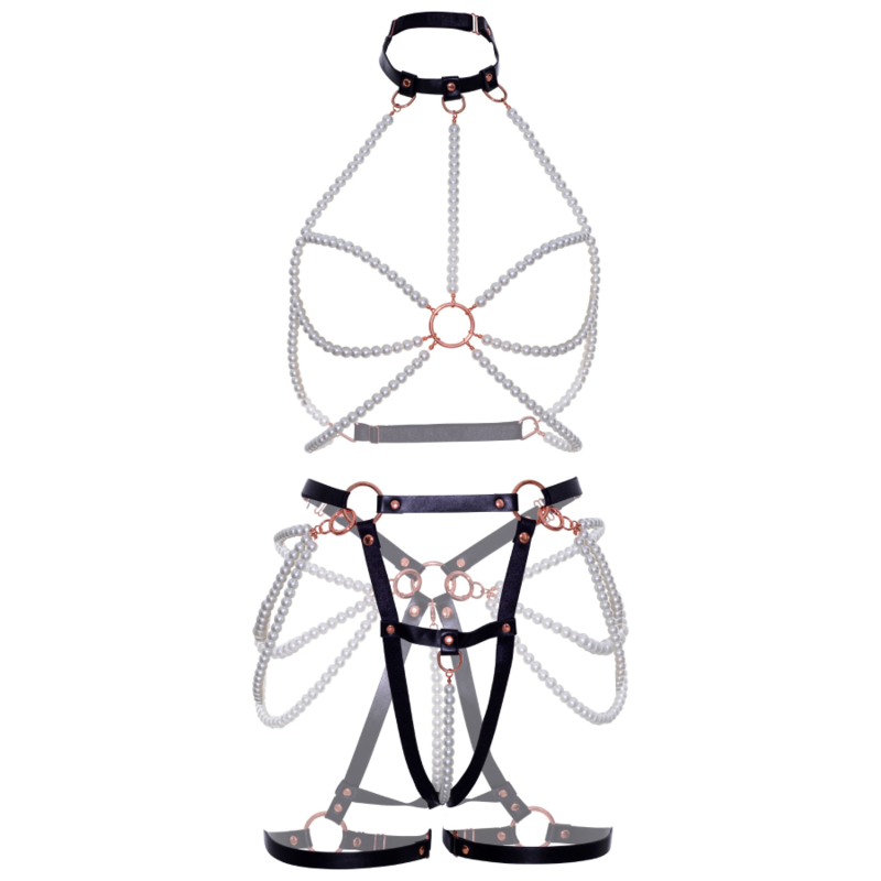 Arnês Halter Neck com Pérolas e Garter de Couro Vegano