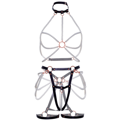Arnês Halter Neck com Pérolas e Garter de Couro Vegano