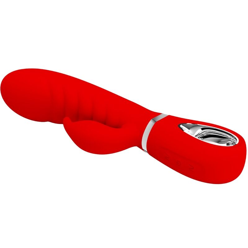 Close-up do vibrador PRETTY LOVE Rabbit Multifunções G-Spot Vermelho, destacando o design curvo e o estimulador clitoriano.