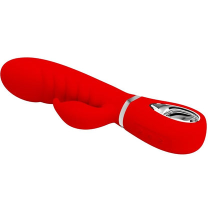 Close-up do vibrador PRETTY LOVE Rabbit Multifunções G-Spot Vermelho, destacando o design curvo e o estimulador clitoriano.
