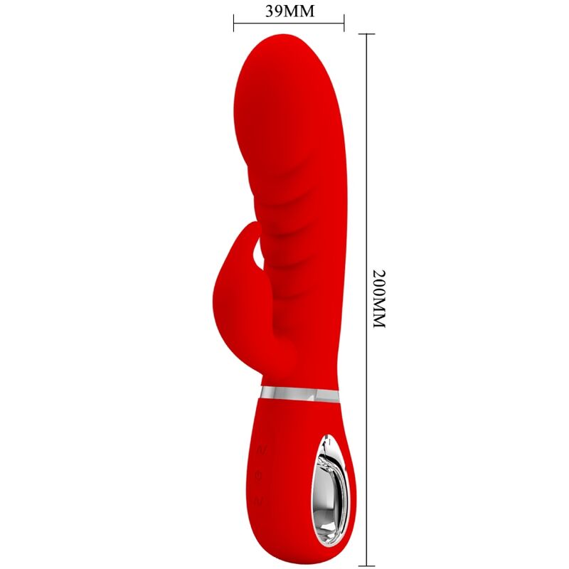 Close-up do vibrador PRETTY LOVE Rabbit Multifunções G-Spot Vermelho, destacando o design curvo e o estimulador clitoriano.
