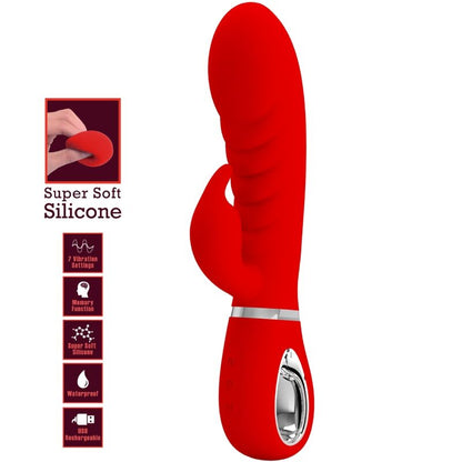 Close-up do vibrador PRETTY LOVE Rabbit Multifunções G-Spot Vermelho, destacando o design curvo e o estimulador clitoriano.