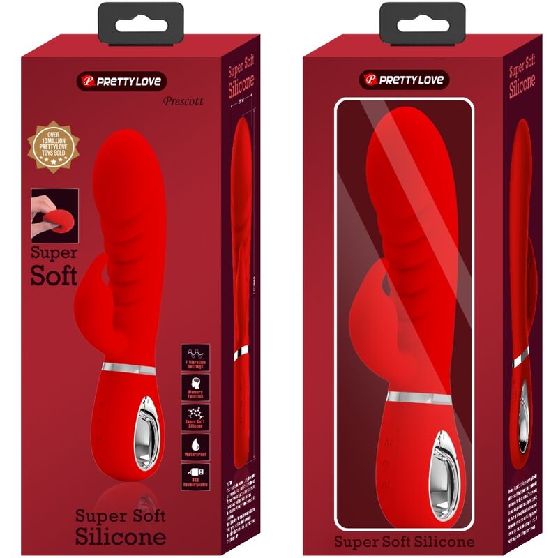 Close-up do vibrador PRETTY LOVE Rabbit Multifunções G-Spot Vermelho, destacando o design curvo e o estimulador clitoriano.