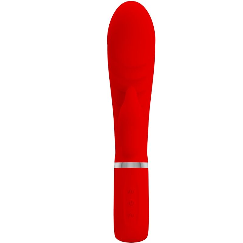 Close-up do vibrador PRETTY LOVE Rabbit Multifunções G-Spot Vermelho, destacando o design curvo e o estimulador clitoriano.