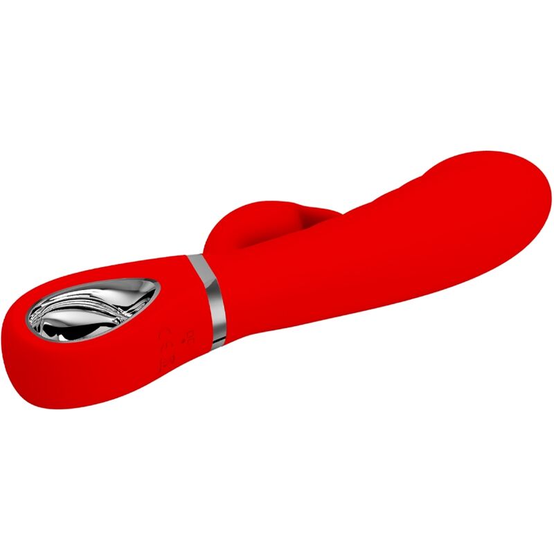 Close-up do vibrador PRETTY LOVE Rabbit Multifunções G-Spot Vermelho, destacando o design curvo e o estimulador clitoriano.