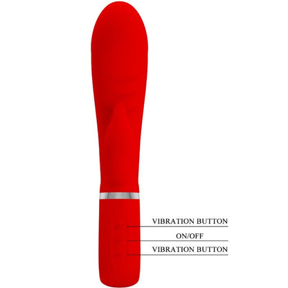 Close-up do vibrador PRETTY LOVE Rabbit Multifunções G-Spot Vermelho, destacando o design curvo e o estimulador clitoriano.