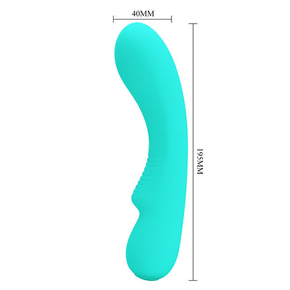 Close-up do vibrador Pretty Love Prescott Aqua Verde de silicone recarregável com design elegante.