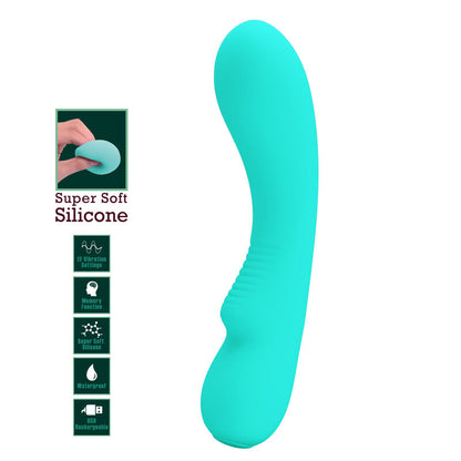 Close-up do vibrador Pretty Love Prescott Aqua Verde de silicone recarregável com design elegante.