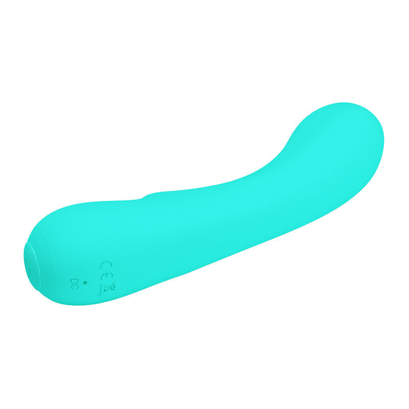Close-up do vibrador Pretty Love Prescott Aqua Verde de silicone recarregável com design elegante.