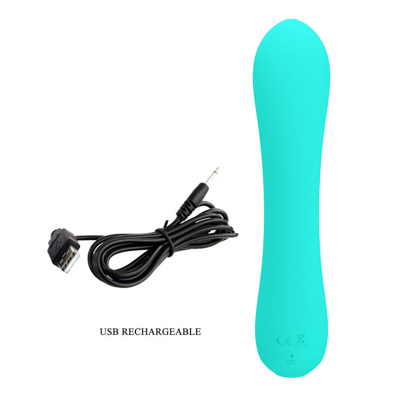 Close-up do vibrador Pretty Love Prescott Aqua Verde de silicone recarregável com design elegante.