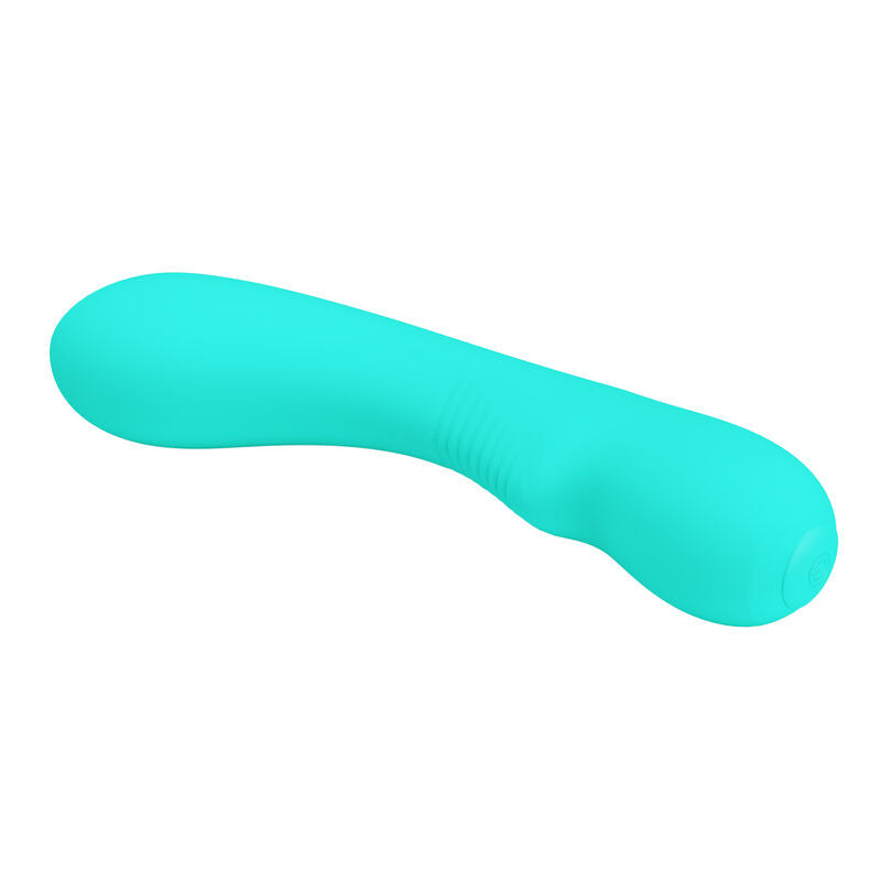 Close-up do vibrador Pretty Love Prescott Aqua Verde de silicone recarregável com design elegante.