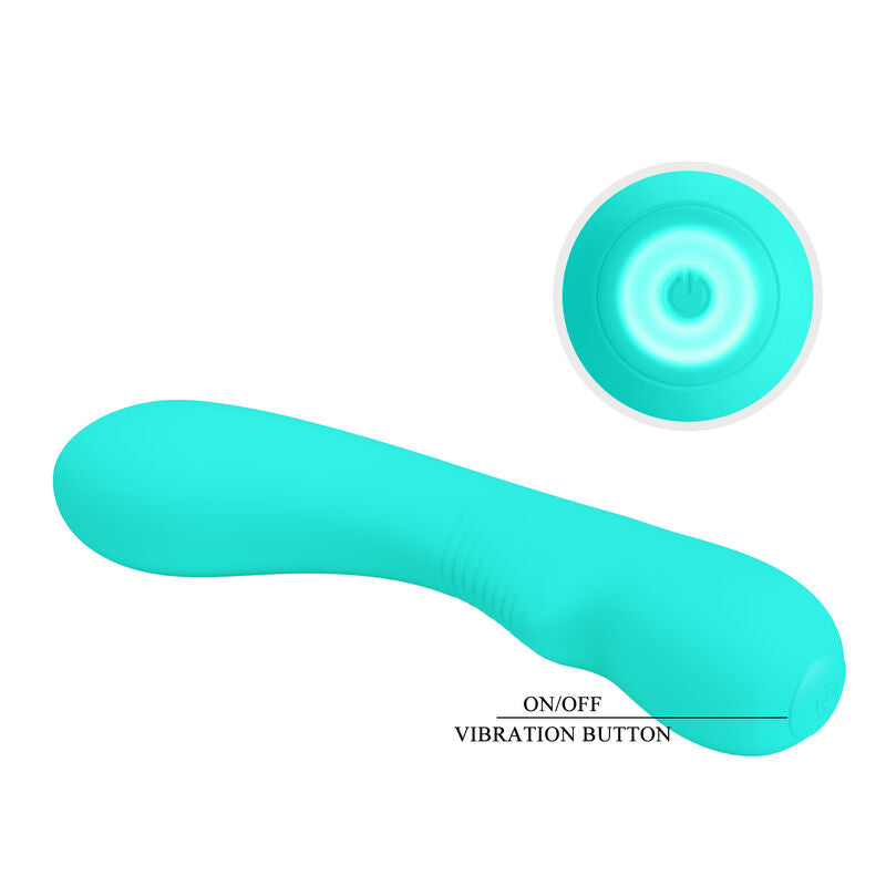 Close-up do vibrador Pretty Love Prescott Aqua Verde de silicone recarregável com design elegante.