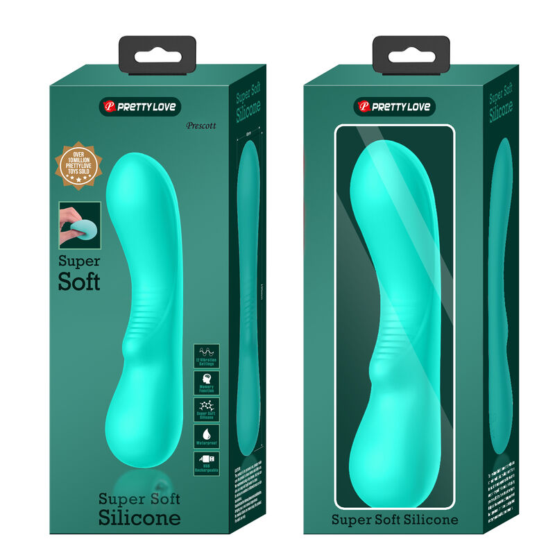 Close-up do vibrador Pretty Love Prescott Aqua Verde de silicone recarregável com design elegante.