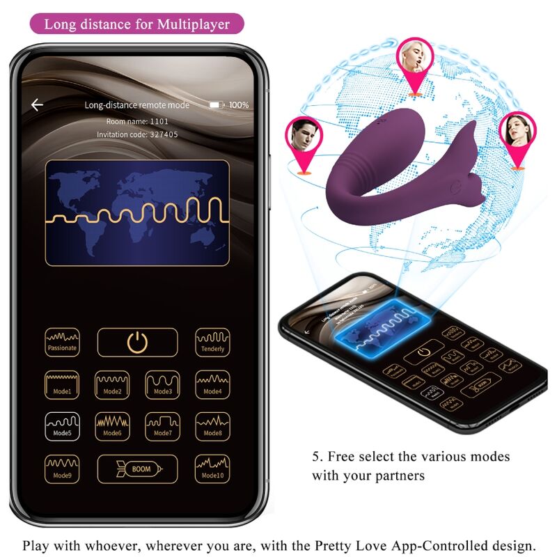 Vibrador PRETTY LOVE Jayleen roxo com controle via APP e remoto.
