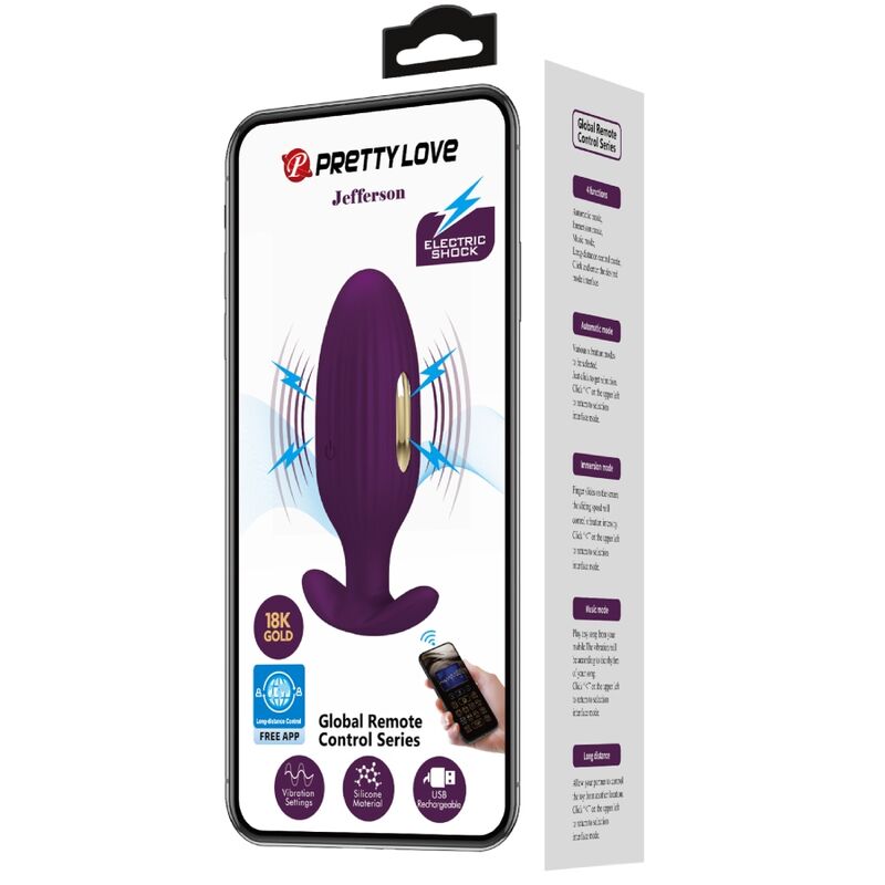 Close-up do PRETTY LOVE Plug Anal Jefferson Roxo Controlado por App E-Stim mostrando sua textura e características.