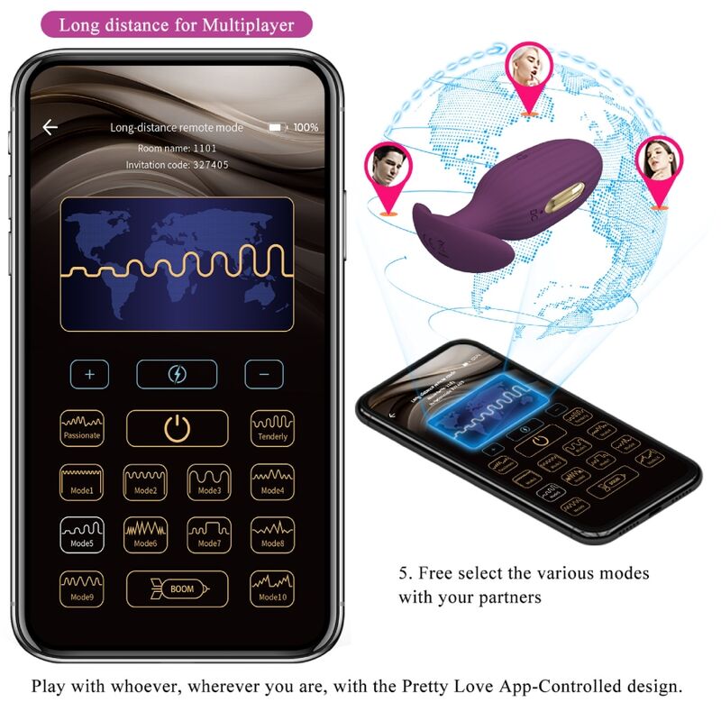 Close-up do PRETTY LOVE Plug Anal Jefferson Roxo Controlado por App E-Stim mostrando sua textura e características.