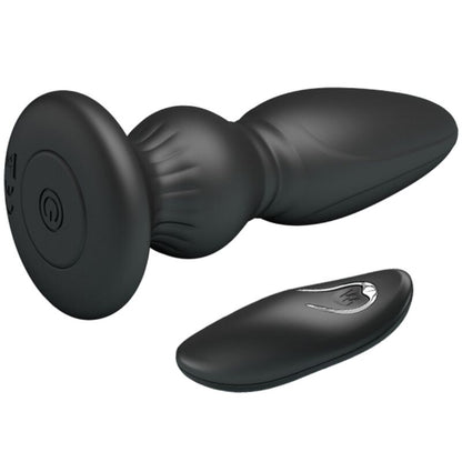 Close-up do Plugue Anal Vibrador MR PLAY de Controle Remoto Preto, mostrando seu design ergonômico e material macio.