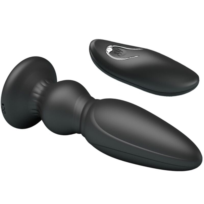 Close-up do Plugue Anal Vibrador MR PLAY de Controle Remoto Preto, mostrando seu design ergonômico e material macio.