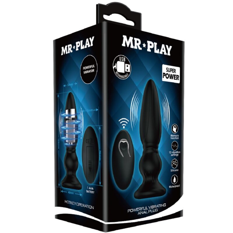 Close-up do Plugue Anal Vibrador MR PLAY de Controle Remoto Preto, mostrando seu design ergonômico e material macio.