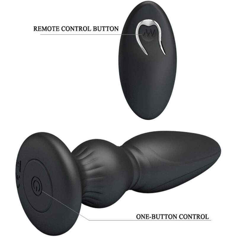 Close-up do Plugue Anal Vibrador MR PLAY de Controle Remoto Preto, mostrando seu design ergonômico e material macio.