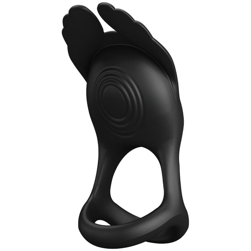 Close-up do PRETTY LOVE Anel Peniano Vibrante Silas de silicone preto