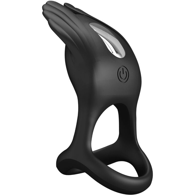 Close-up do PRETTY LOVE Anel Peniano Vibrante Silas de silicone preto