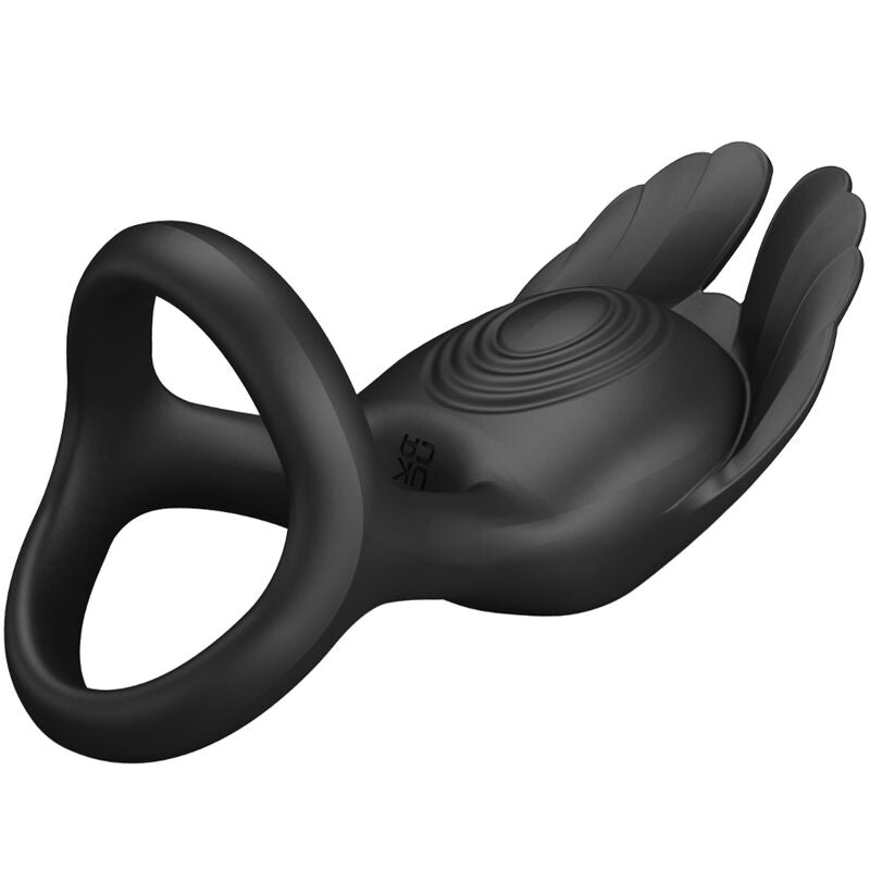 Close-up do PRETTY LOVE Anel Peniano Vibrante Silas de silicone preto
