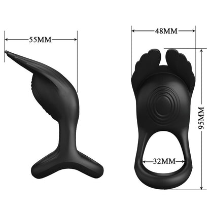 Close-up do PRETTY LOVE Anel Peniano Vibrante Silas de silicone preto
