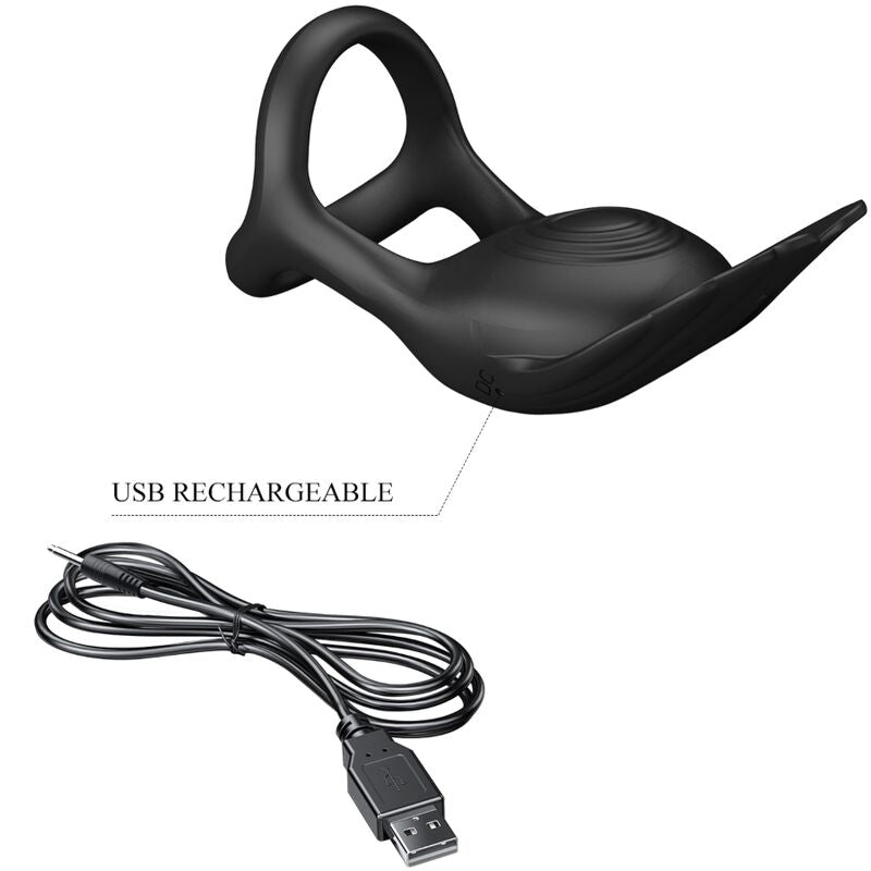 Close-up do PRETTY LOVE Anel Peniano Vibrante Silas de silicone preto