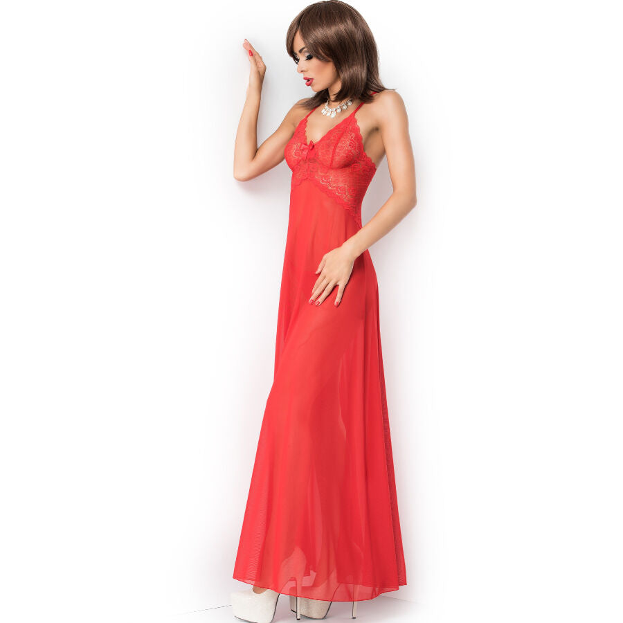 CHILIROSE Babydoll Longo Vermelho com detalhes em renda