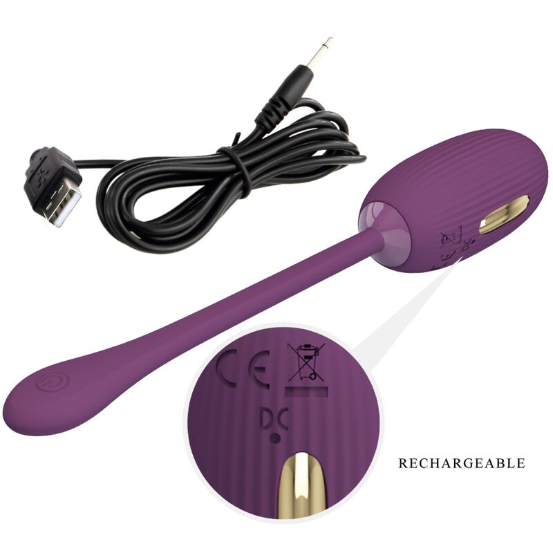 Imagem do ovo vibratório recarregável PRETTY LOVE Doreen roxo, destacando seu design e cordão flexível.