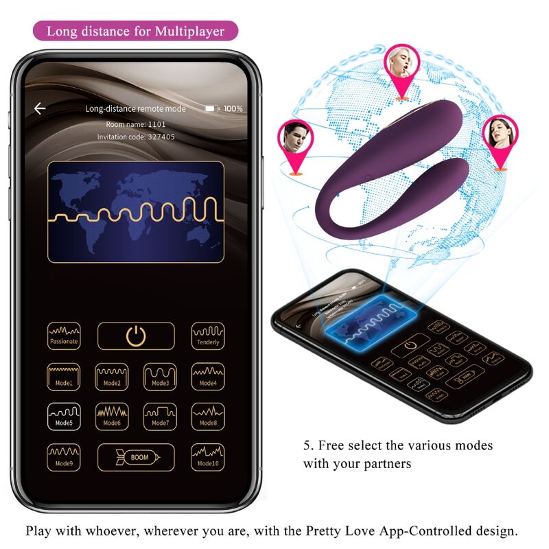 Close-up of the PRETTY LOVE Vibrador Duplo August com Controle Remoto App, highlighting its silicone texture and ergonomic design.