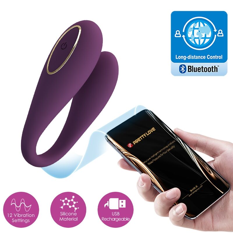 Close-up of the PRETTY LOVE Vibrador Duplo August com Controle Remoto App, highlighting its silicone texture and ergonomic design.
