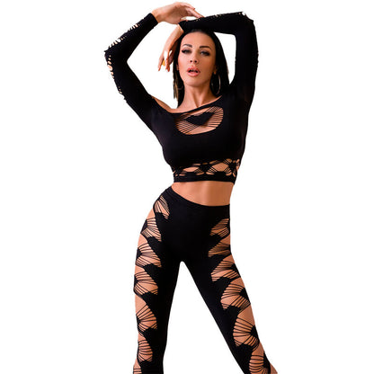 Close-up do CHILIROSE Conjunto Top e Leggings Preto Sem Costura Elástico, exibindo o material e design.