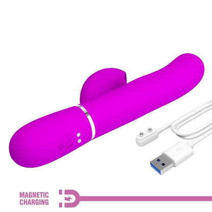 Close-up do PRETTY LOVE Vibrador Rabbit Multifunções 3 em 1 Ponto G Violeta, mostrando o design ergonómico e estimulador clitoriano.