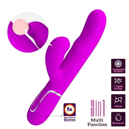 Close-up do PRETTY LOVE Vibrador Rabbit Multifunções 3 em 1 Ponto G Violeta, mostrando o design ergonómico e estimulador clitoriano.