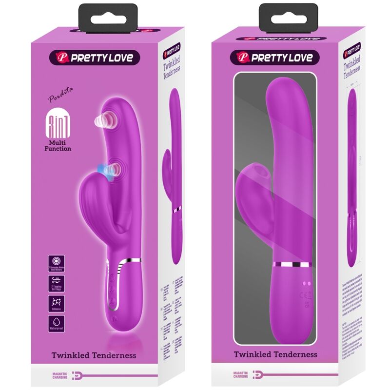 Close-up do PRETTY LOVE Vibrador Rabbit Multifunções 3 em 1 Ponto G Violeta, mostrando o design ergonómico e estimulador clitoriano.