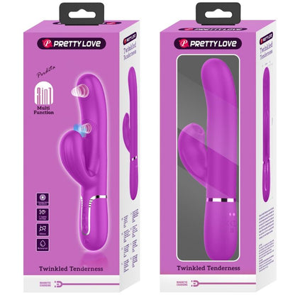 Close-up do PRETTY LOVE Vibrador Rabbit Multifunções 3 em 1 Ponto G Violeta, mostrando o design ergonómico e estimulador clitoriano.