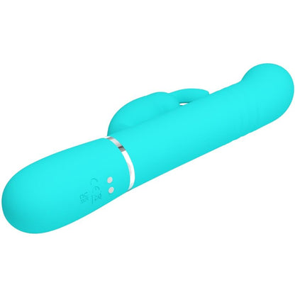 PRETTY LOVE Vibrador Rabbit com Pérolas Rotativas e Dupla Estimulação, em cor verde água, detalhe das pérolas e estimulador clitoriano.
