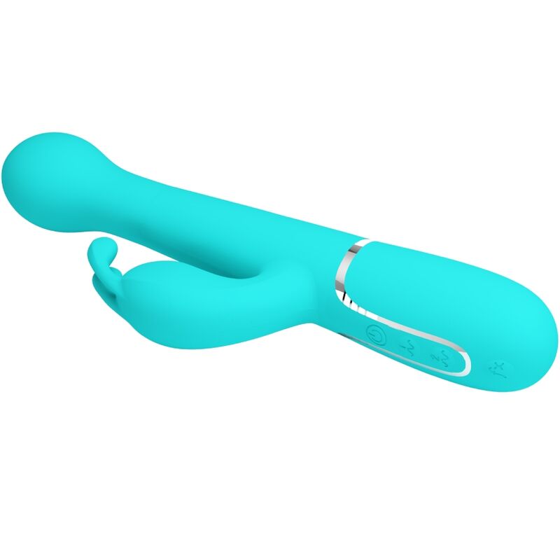 Close-up do Vibrador Coelho Pretty Love Dejon 3 em 1 Multifunções, mostrando seu design ergonômico e material de silicone violeta.