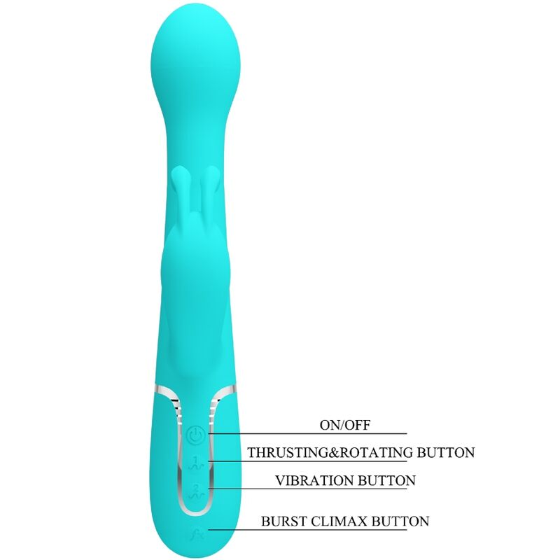 Close-up do Vibrador Coelho Pretty Love Dejon 3 em 1 Multifunções, mostrando seu design ergonômico e material de silicone violeta.