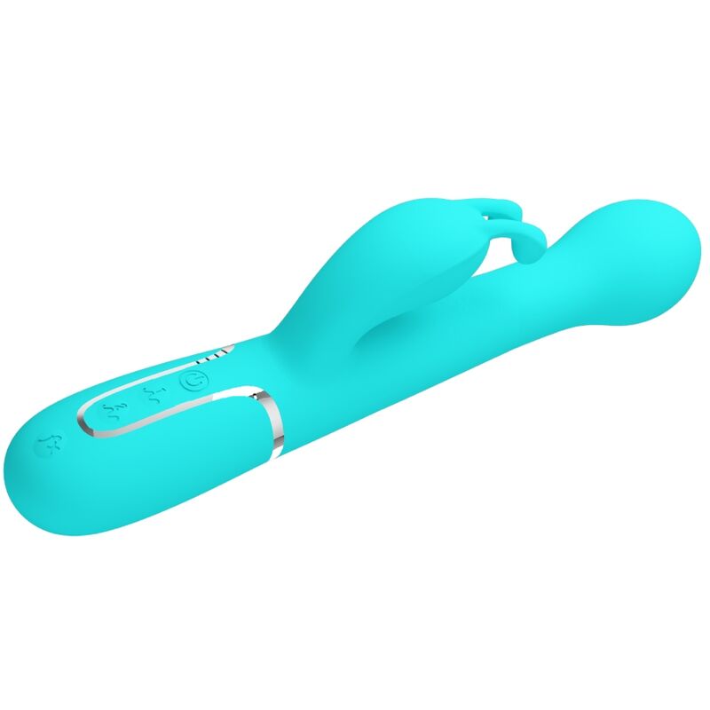 Close-up do Vibrador Coelho Pretty Love Dejon 3 em 1 Multifunções, mostrando seu design ergonômico e material de silicone violeta.