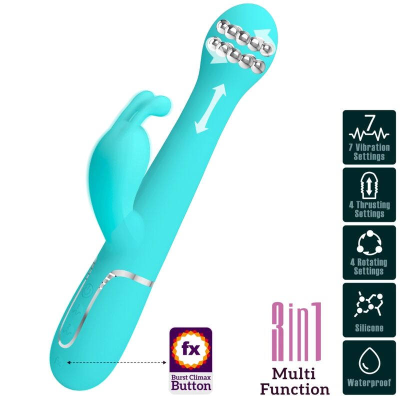 Close-up do Vibrador Coelho Pretty Love Dejon 3 em 1 Multifunções, mostrando seu design ergonômico e material de silicone violeta.