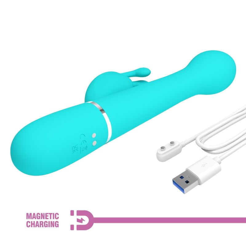 Close-up do Vibrador Coelho Pretty Love Dejon 3 em 1 Multifunções, mostrando seu design ergonômico e material de silicone violeta.